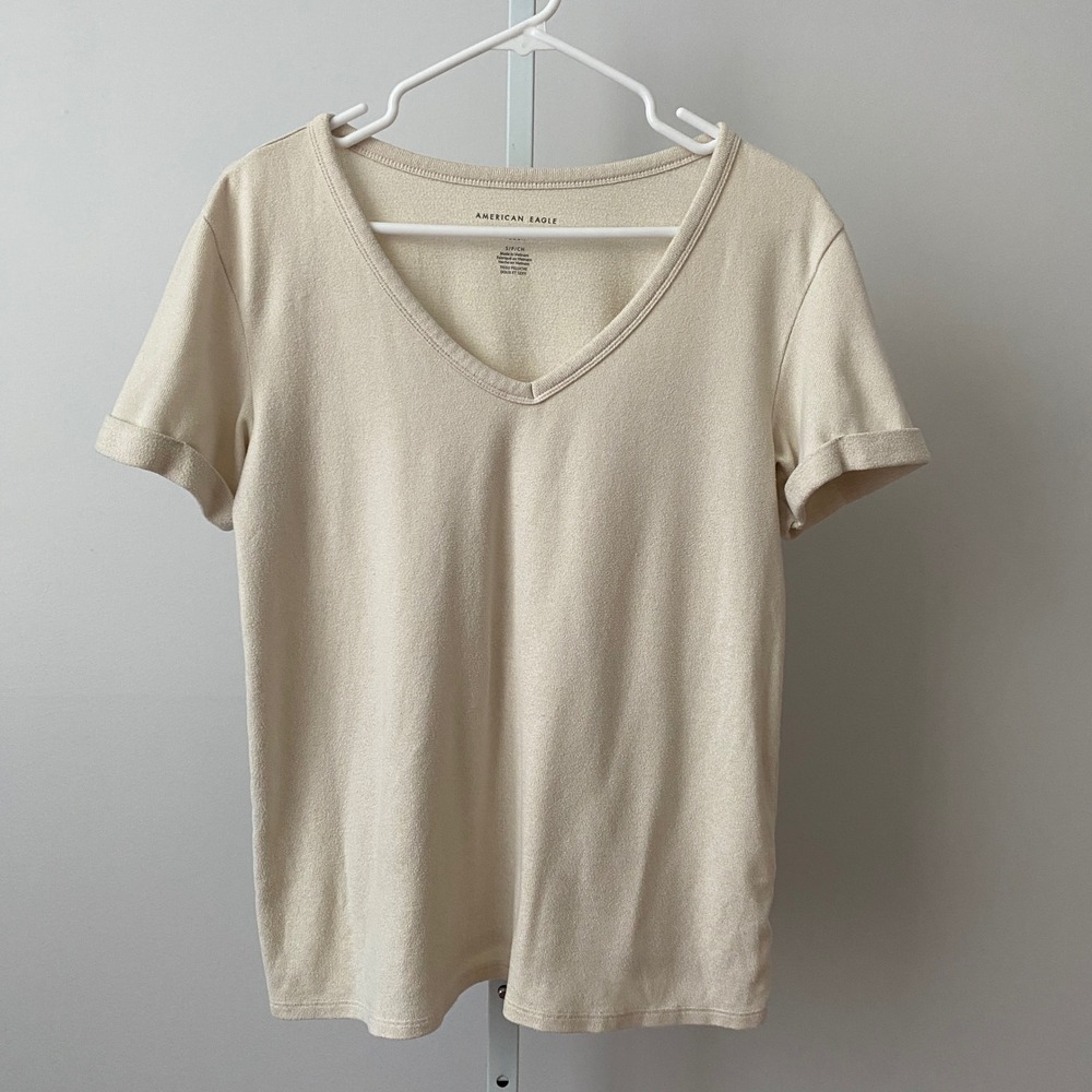 American Eagle Relaxed Coastal Clean Soft Sexy Plush V-Neck T-Shirt Small Cream